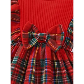 Christmas Baby Girl Plaid Ruffle Long Sleeve Dress With Bowknot Decor & Headband For Kids 3 Months - 3 Years Old