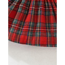 Christmas Baby Girl Plaid Ruffle Long Sleeve Dress With Bowknot Decor & Headband For Kids 3 Months - 3 Years Old