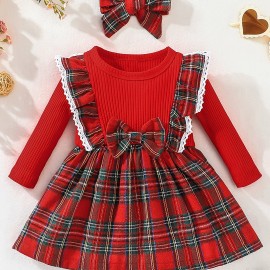 Christmas Baby Girl Plaid Ruffle Long Sleeve Dress With Bowknot Decor & Headband For Kids 3 Months - 3 Years Old