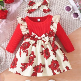 Christmas Baby Girl Plaid Ruffle Long Sleeve Dress With Bowknot Decor & Headband For Kids 3 Months - 3 Years Old