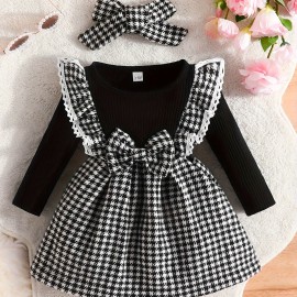 Christmas Baby Girl Plaid Ruffle Long Sleeve Dress With Bowknot Decor & Headband For Kids 3 Months - 3 Years Old