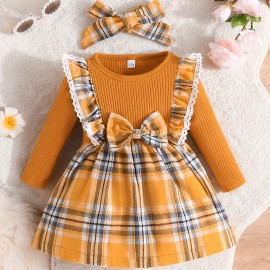 Christmas Baby Girl Plaid Ruffle Long Sleeve Dress With Bowknot Decor & Headband For Kids 3 Months - 3 Years Old