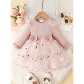 Baby Girls Mesh Dress Long Sleeve Bow Floral Embroidered Princess Dress Clothes Of Various Colors