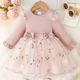 Baby Girls Mesh Dress Long Sleeve Bow Floral Embroidered Princess Dress Clothes Of Various Colors