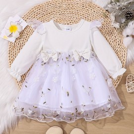 Baby Girls Mesh Dress Long Sleeve Bow Floral Embroidered Princess Dress Clothes Of Various Colors