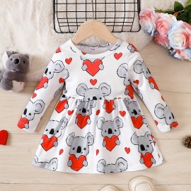 Baby Girl's Cute Animal Print Long Sleeve Dress, Kid's Pleated Dress