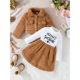 Baby Girls Winter Fur Coat + Letter Print Long Sleeve Dress Two-piece Set