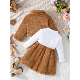 Baby Girls Winter Fur Coat + Letter Print Long Sleeve Dress Two-piece Set