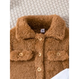 Baby Girls Winter Fur Coat + Letter Print Long Sleeve Dress Two-piece Set