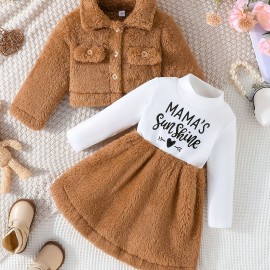 Baby Girls Winter Fur Coat + Letter Print Long Sleeve Dress Two-piece Set