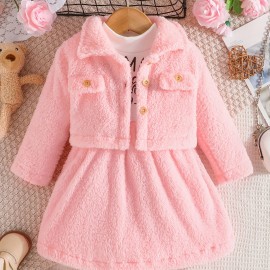 Baby Girls Winter Fur Coat + Letter Print Long Sleeve Dress Two-piece Set