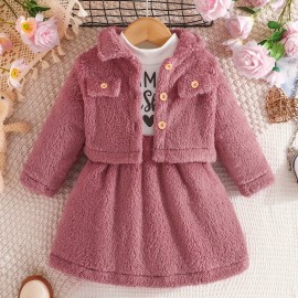 Baby Girls Winter Fur Coat + Letter Print Long Sleeve Dress Two-piece Set