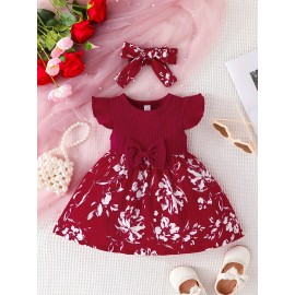 2pcs Baby Girls Casual Floral Graphic Print Bowknot Fly Sleeve Dress & Headband Set Clothes