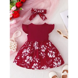 2pcs Baby Girls Casual Floral Graphic Print Bowknot Fly Sleeve Dress & Headband Set Clothes