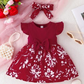 2pcs Baby Girls Casual Floral Graphic Print Bowknot Fly Sleeve Dress & Headband Set Clothes