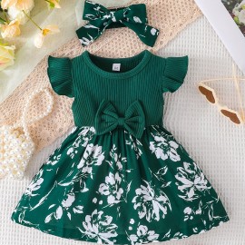 2pcs Baby Girls Casual Floral Graphic Print Bowknot Fly Sleeve Dress & Headband Set Clothes