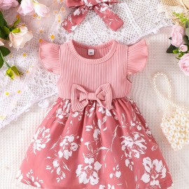 2pcs Baby Girls Casual Floral Graphic Print Bowknot Fly Sleeve Dress & Headband Set Clothes