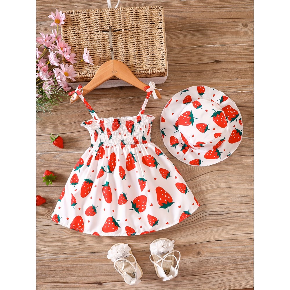 European And American Baby Girls Cute Fuirt Print Dress+hat