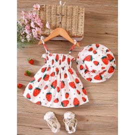 European And American Baby Girls Cute Fuirt Print Dress+hat