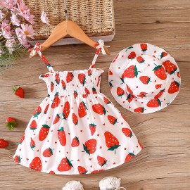 European And American Baby Girls Cute Fuirt Print Dress+hat