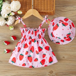 European And American Baby Girls Cute Fuirt Print Dress+hat