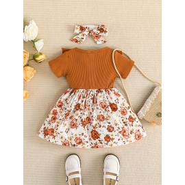 Baby Girls Casual Ruffle Short Sleeve Stitching Floral Dress + Headband Set