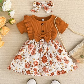 Baby Girls Casual Ruffle Short Sleeve Stitching Floral Dress + Headband Set