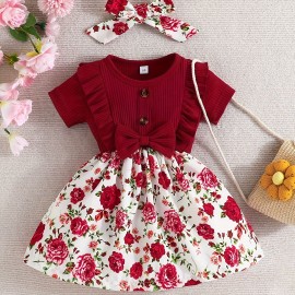 Baby Girls Casual Ruffle Short Sleeve Stitching Floral Dress + Headband Set