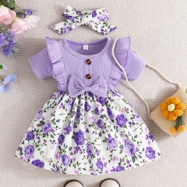 Baby Girls Casual Ruffle Short Sleeve Stitching Floral Dress + Headband Set