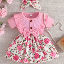 Baby Girls Casual Ruffle Short Sleeve Stitching Floral Dress + Headband Set