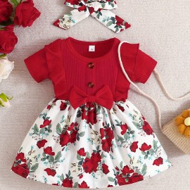 Baby Girls Casual Ruffle Short Sleeve Stitching Floral Dress + Headband Set