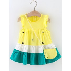 2pcs Baby Girls Casual Color Block Sleeveless Summer Dress & Bag Set Clothes