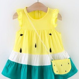 2pcs Baby Girls Casual Color Block Sleeveless Summer Dress & Bag Set Clothes