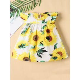 Baby Girl Short Sleeve Cute Sunflower Dress, Kids Resort Casual Princess Dress