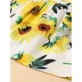 Baby Girl Short Sleeve Cute Sunflower Dress, Kids Resort Casual Princess Dress