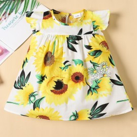 Baby Girl Short Sleeve Cute Sunflower Dress, Kids Resort Casual Princess Dress