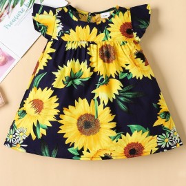 Baby Girl Short Sleeve Cute Sunflower Dress, Kids Resort Casual Princess Dress