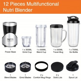 12 Pieces Bullet Personal Blender - 350W Power Base With 2 Blades, 2 Cups, 1 Mug, 1 Go Bottle, And 1 Spout Lid - BPA Free, Pulse Technology For Smoothie Making, Grinding, Mixing, And Ice Crushing - Includes 2 Comfort Mug Rings And 2 Solid Lids