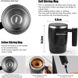 Self Stirring Mug, Rechargeable Auto Magnetic Coffee Mug Waterproof Automatic Mixing Cup For Milk/Cocoa At Office/Kitchen/Travel 14oz Best Gift - Black