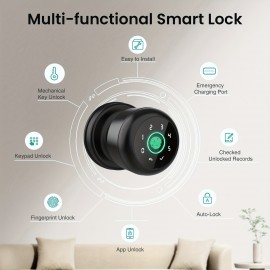 1pc GHome Smart Fingerprint Door Lock With Keypad Door Knob,Biometric Door Smart Lock & App Control,Interior Door Knob With Key Great For Bedroom,Apartments,Offices And Hotels,Uses 4 AAA Batteries,The Product Does Without A Battery