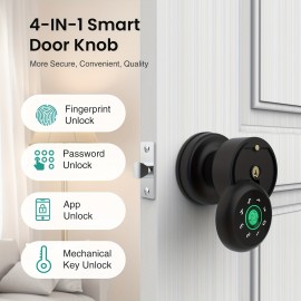 1pc GHome Smart Fingerprint Door Lock With Keypad Door Knob,Biometric Door Smart Lock & App Control,Interior Door Knob With Key Great For Bedroom,Apartments,Offices And Hotels,Uses 4 AAA Batteries,The Product Does Without A Battery