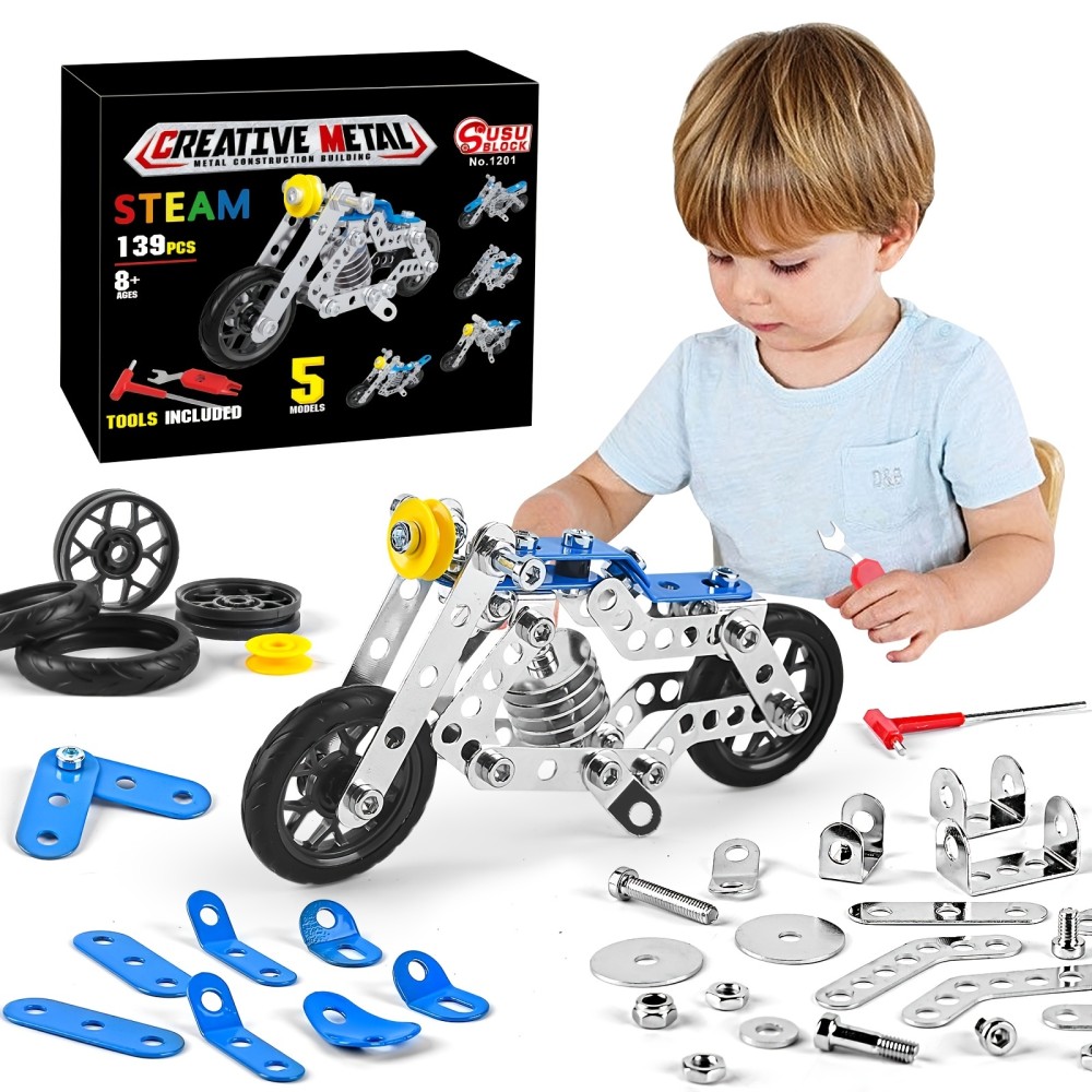 Erector Set Motorcycle, Stem Building  Toys For Kids, Metal Building Construction Model Kit, 5 Variable Multi Shape Motorbike Steam Educational Toys(139PCS), Halloween/Thanksgiving Day/Christmas gift