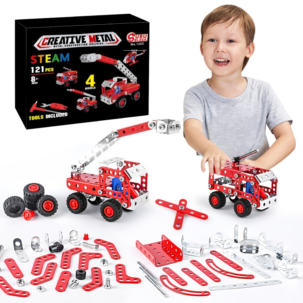 Stem Building Toys For Boys Age 8+,Erector Set Fire Trucks Series Model Kit,Assembly Toys For Kids,Metal Building Educational Toys Set Gifts For Model, 4 Variable Multi Shape Fire Fighting Car(121PCS)