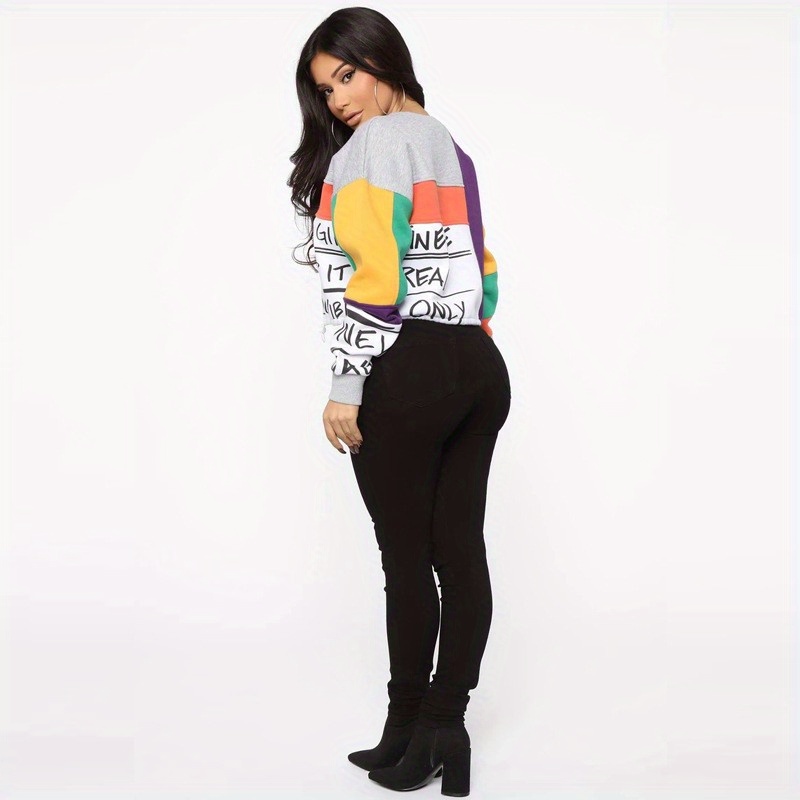 color block letter print pullover sweatshirt casual long sleeve crew neck sweatshirt for fall winter womens clothing details 1