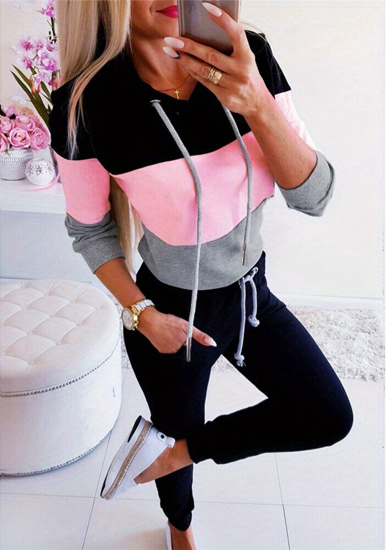 womens color block hoodie long sleeve drawstring thermal hoodies sweatshirt womens clothing details 0