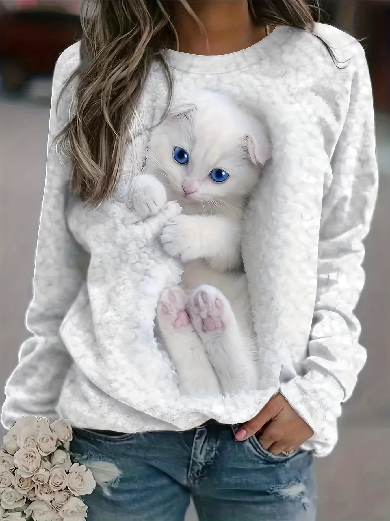 cute cat print pullover sweatshirt casual long sleeve crew neck sweatshirt for fall winter womens clothing details 10