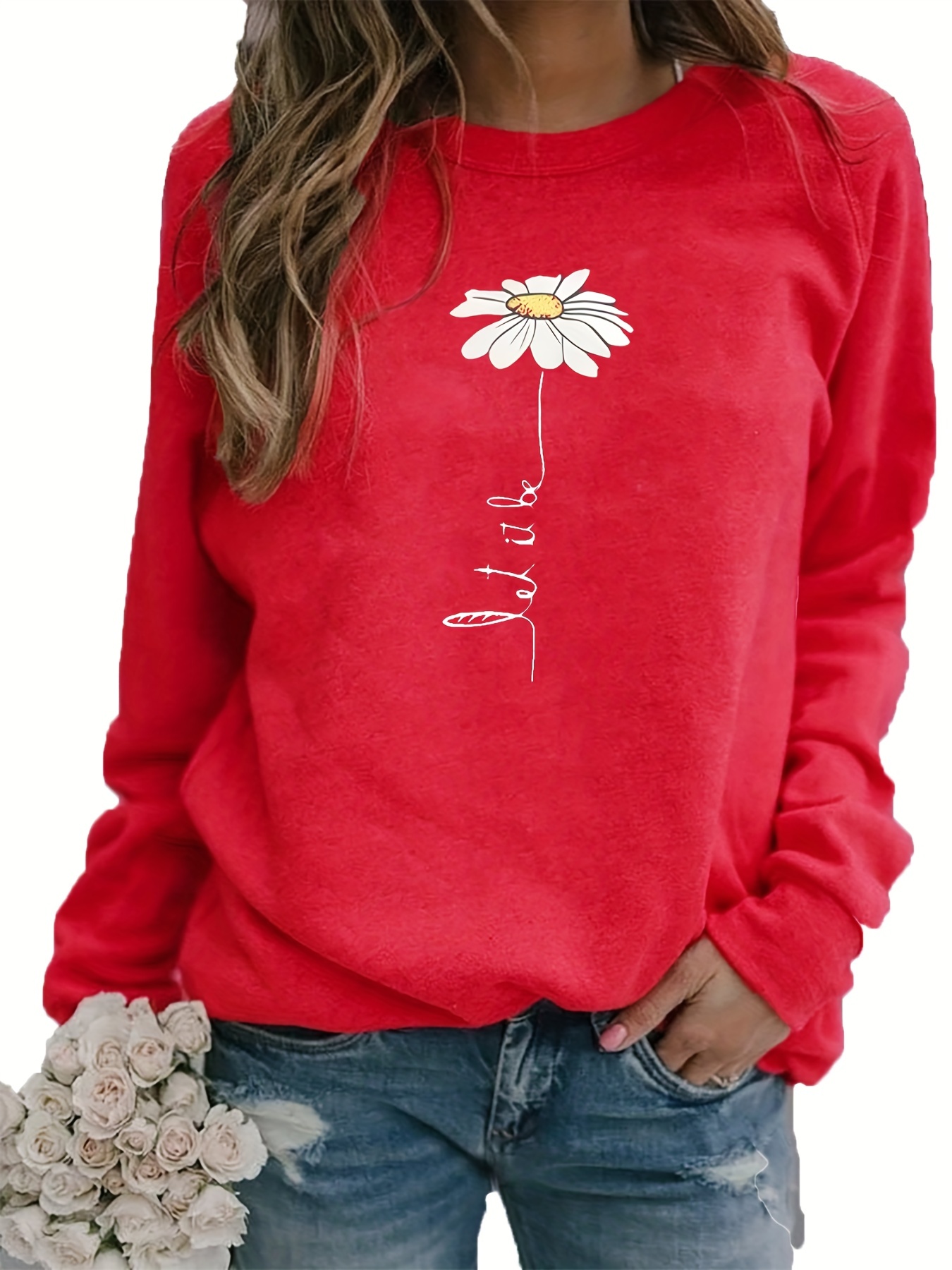 daisy print pullover sweatshirt casual long sleeve crew neck sweatshirt for fall winter womens clothing details 4