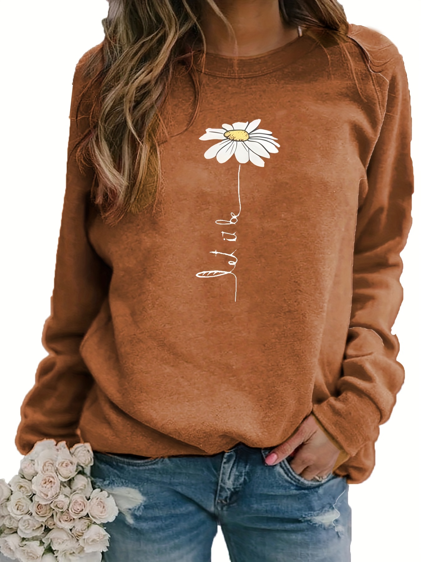 daisy print pullover sweatshirt casual long sleeve crew neck sweatshirt for fall winter womens clothing details 15