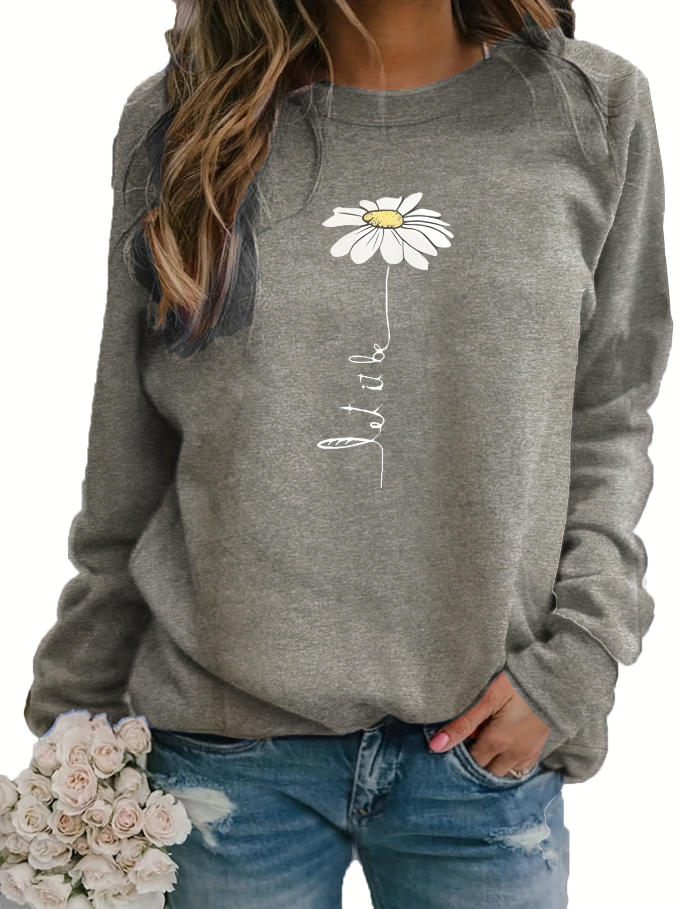 daisy print pullover sweatshirt casual long sleeve crew neck sweatshirt for fall winter womens clothing details 23