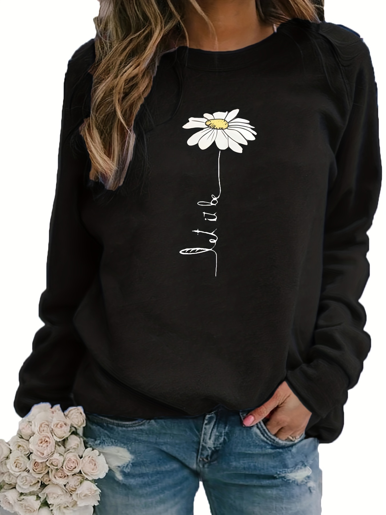 daisy print pullover sweatshirt casual long sleeve crew neck sweatshirt for fall winter womens clothing details 28